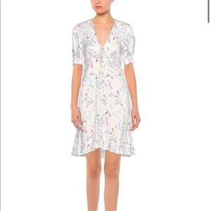 Maje Ramake dress, satin, ruffle, multicolour, v neck, short sleeves, brand new